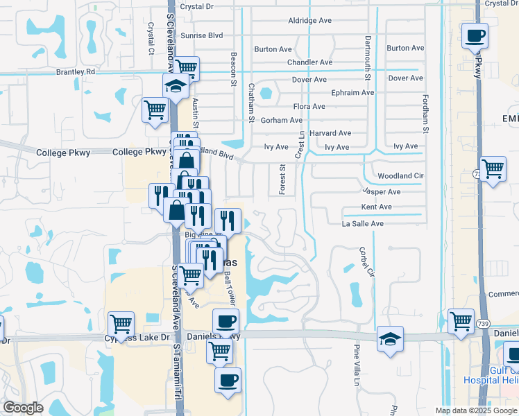 map of restaurants, bars, coffee shops, grocery stores, and more near 122 Pinebrook Drive in Fort Myers