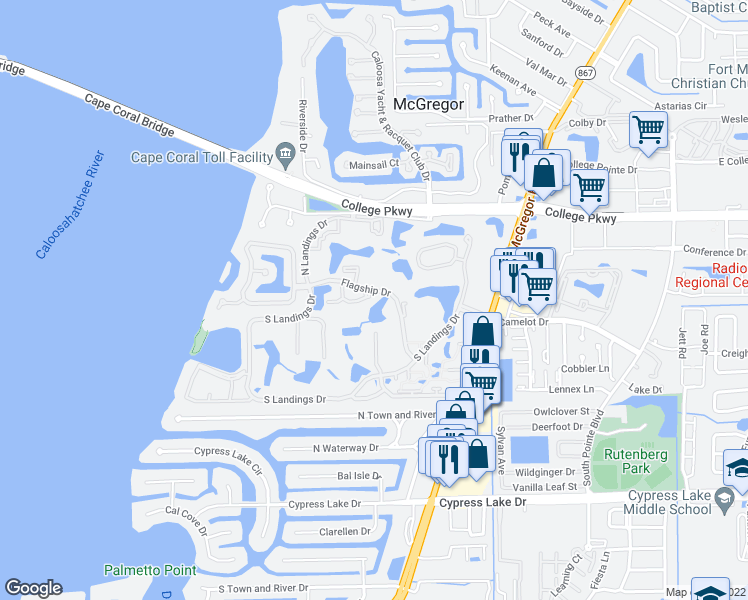 map of restaurants, bars, coffee shops, grocery stores, and more near 12996 Beacon Cove Lane in Fort Myers