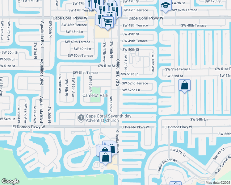 map of restaurants, bars, coffee shops, grocery stores, and more near 5305 Chiquita Boulevard South in Cape Coral