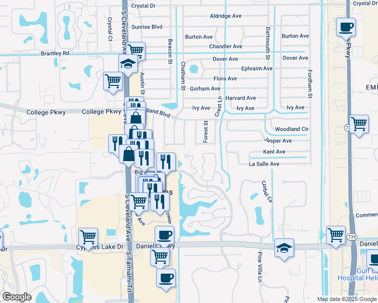 map of restaurants, bars, coffee shops, grocery stores, and more near 105 Pinebrook Drive in Fort Myers