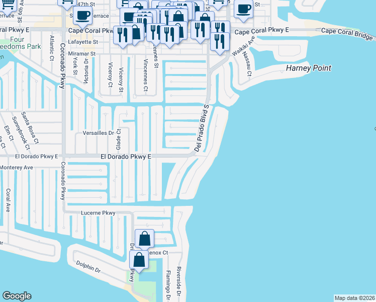 map of restaurants, bars, coffee shops, grocery stores, and more near 1241 El Dorado Parkway East in Cape Coral