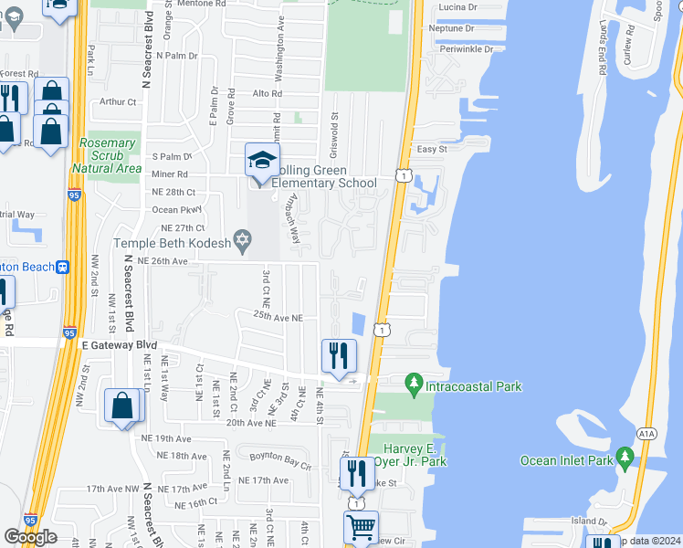 map of restaurants, bars, coffee shops, grocery stores, and more near 1 Crossings Circle in Boynton Beach