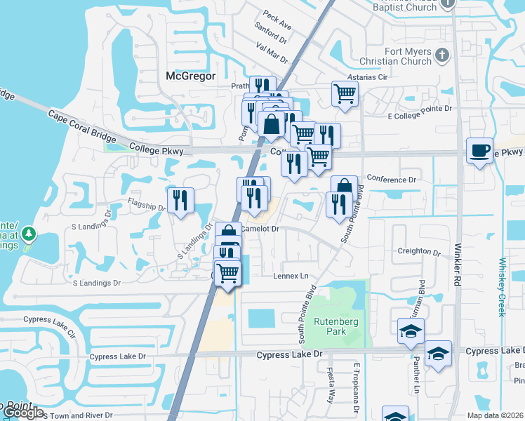 map of restaurants, bars, coffee shops, grocery stores, and more near 13198 Feather Sound Drive in Fort Myers