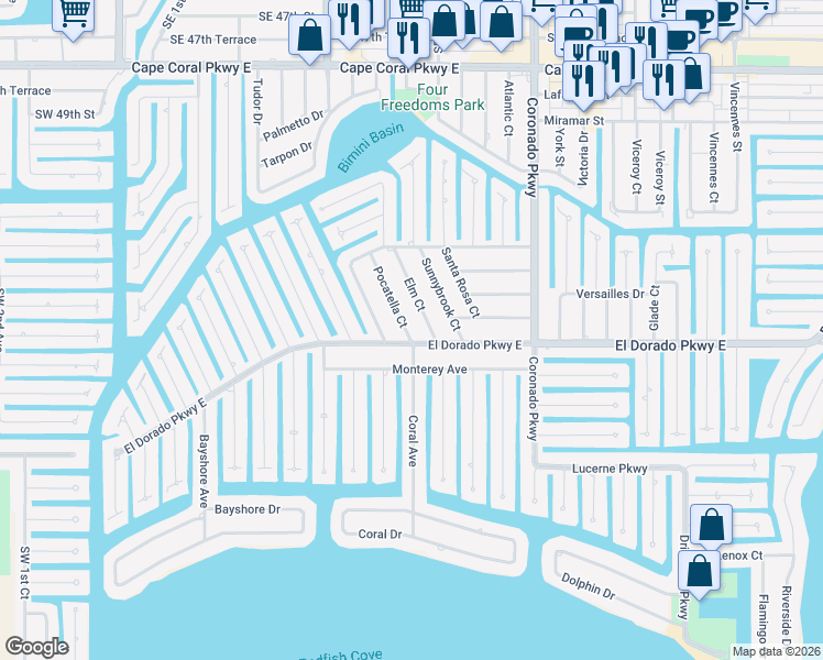 map of restaurants, bars, coffee shops, grocery stores, and more near 5253 Pocatella Court in Cape Coral