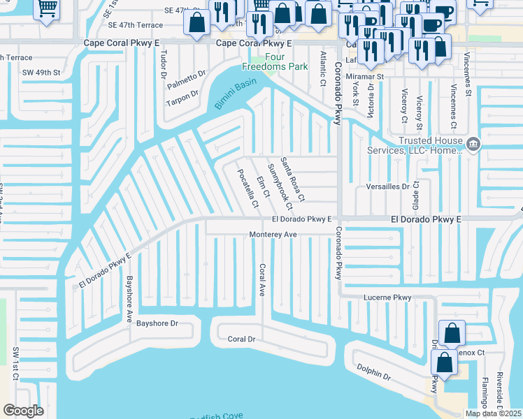 map of restaurants, bars, coffee shops, grocery stores, and more near 5253 Pocatella Court in Cape Coral