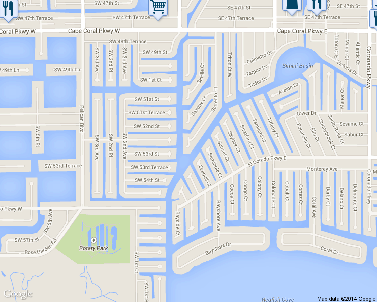 map of restaurants, bars, coffee shops, grocery stores, and more near 5091 Sorrento Court in Cape Coral