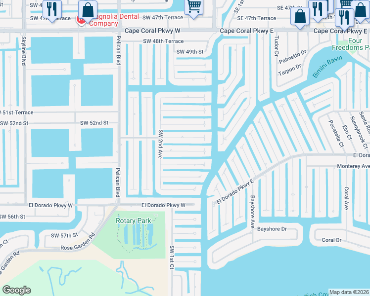 map of restaurants, bars, coffee shops, grocery stores, and more near 134 Southwest 53rd Street in Cape Coral