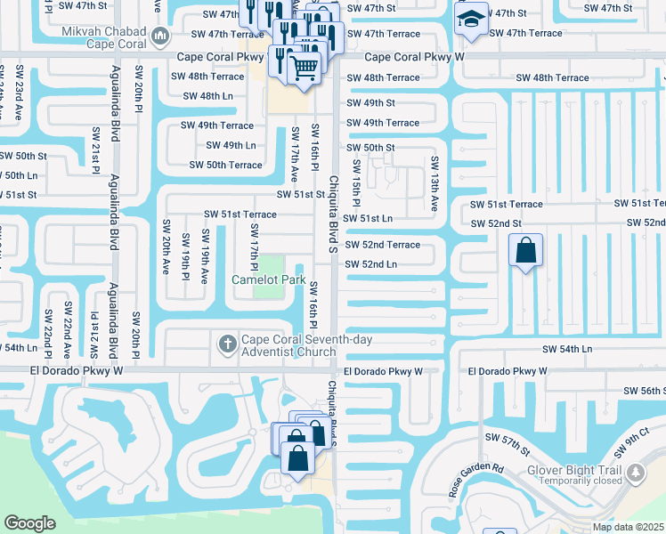 map of restaurants, bars, coffee shops, grocery stores, and more near 5305 Chiquita Boulevard South in Cape Coral