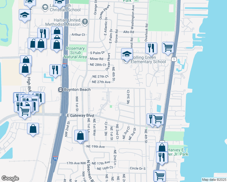 map of restaurants, bars, coffee shops, grocery stores, and more near 2515 Northeast 2nd Court in Boynton Beach