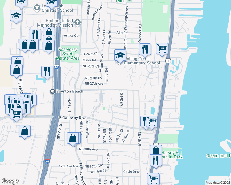 map of restaurants, bars, coffee shops, grocery stores, and more near 2515 Northeast 2nd Court in Boynton Beach