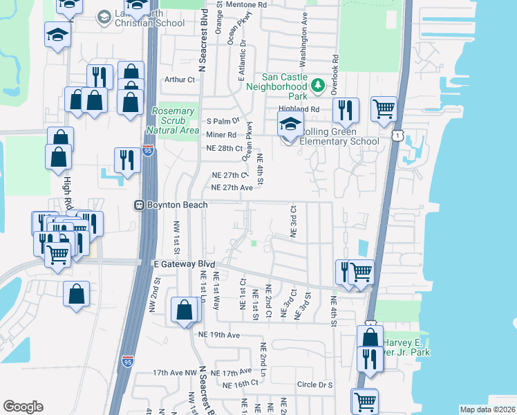 map of restaurants, bars, coffee shops, grocery stores, and more near 2515 Northeast 2nd Court in Boynton Beach