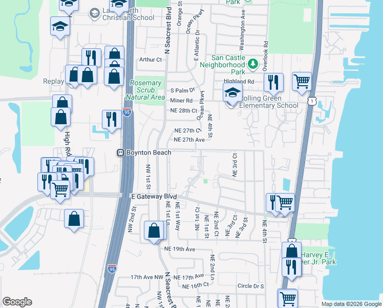 map of restaurants, bars, coffee shops, grocery stores, and more near 2615 Northeast 1st Court in Boynton Beach