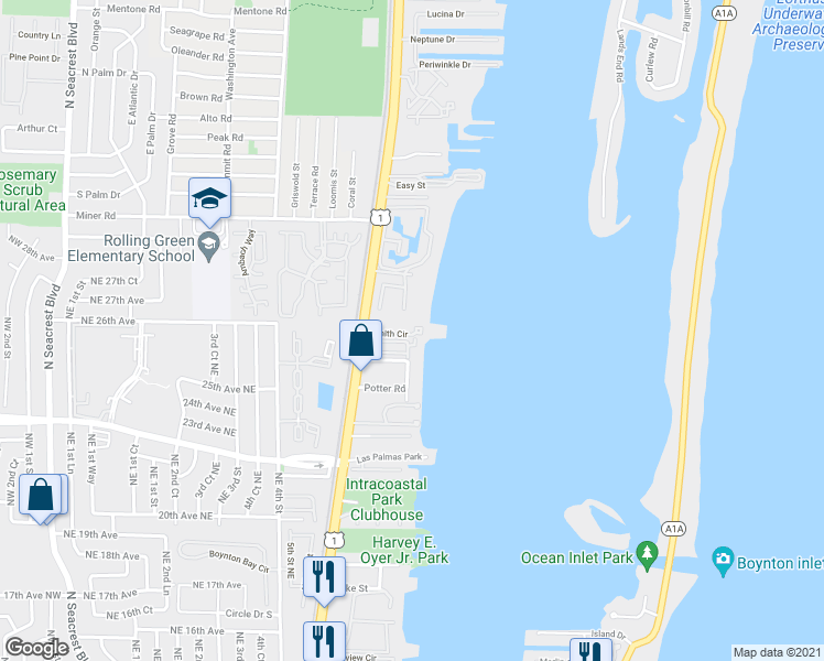 map of restaurants, bars, coffee shops, grocery stores, and more near 623 Windward Circle in Boynton Beach
