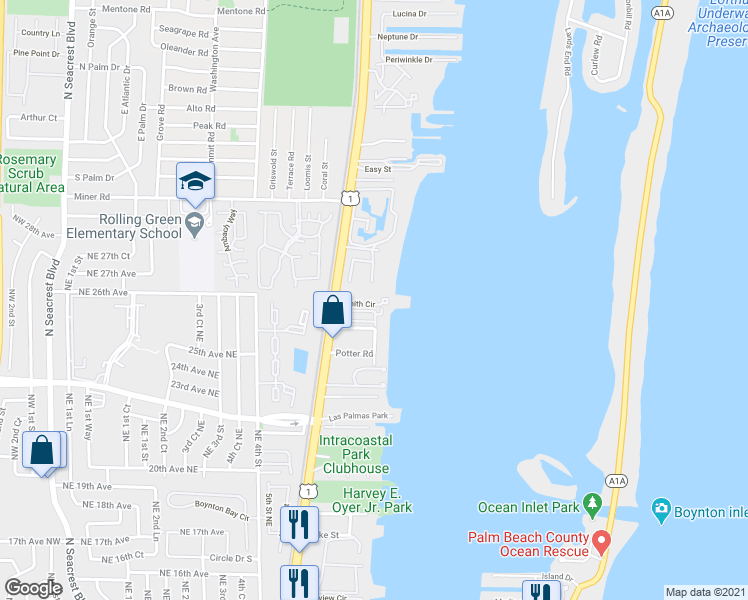 map of restaurants, bars, coffee shops, grocery stores, and more near 623 Windward Circle in Boynton Beach