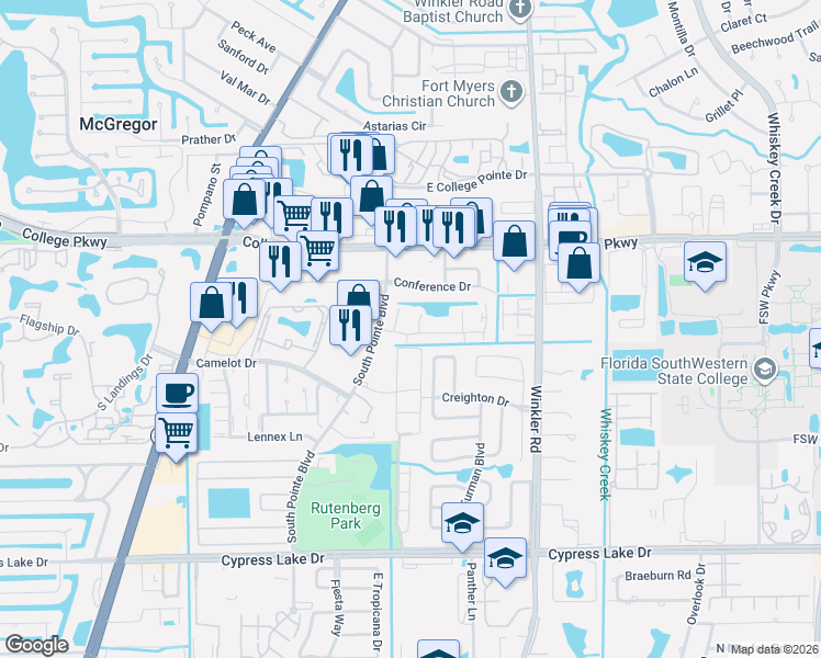 map of restaurants, bars, coffee shops, grocery stores, and more near 18 Joe Road in Fort Myers