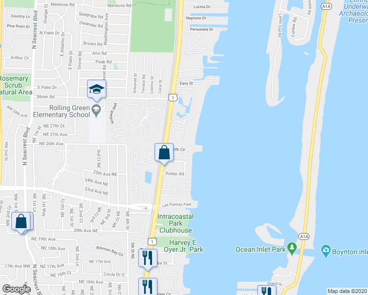 map of restaurants, bars, coffee shops, grocery stores, and more near 623 Windward Circle in Boynton Beach