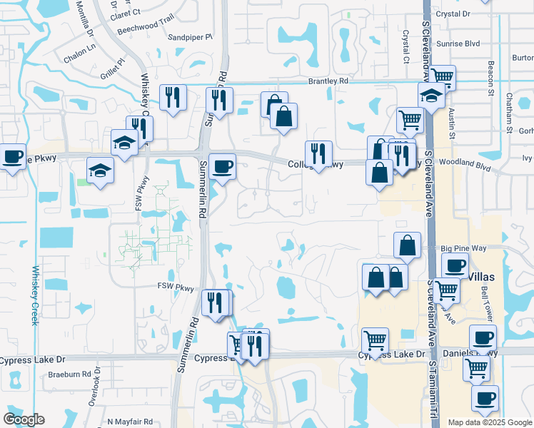 map of restaurants, bars, coffee shops, grocery stores, and more near 1630 Pine Valley Drive in Fort Myers