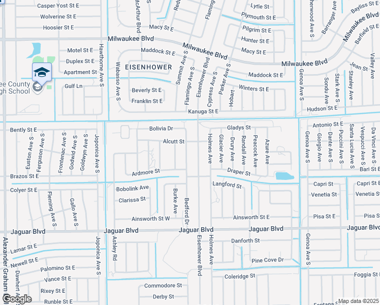 map of restaurants, bars, coffee shops, grocery stores, and more near 723 Bedford Drive in Lehigh Acres