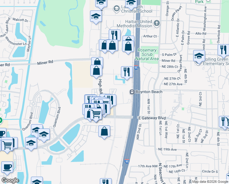 map of restaurants, bars, coffee shops, grocery stores, and more near 2400 High Ridge Road in Boynton Beach