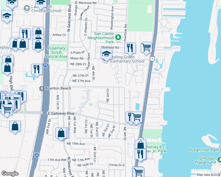 map of restaurants, bars, coffee shops, grocery stores, and more near 410 Northeast 26th Avenue in Boynton Beach