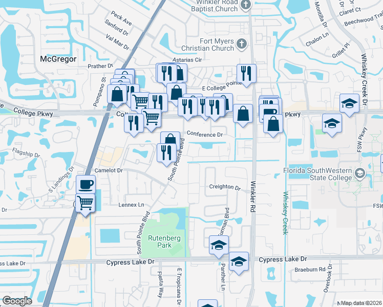 map of restaurants, bars, coffee shops, grocery stores, and more near 12918 Elm Creek Court in Fort Myers