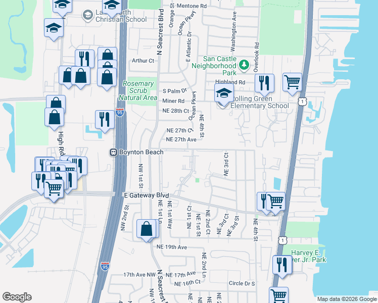 map of restaurants, bars, coffee shops, grocery stores, and more near 400 Northeast 27th Avenue in Boynton Beach