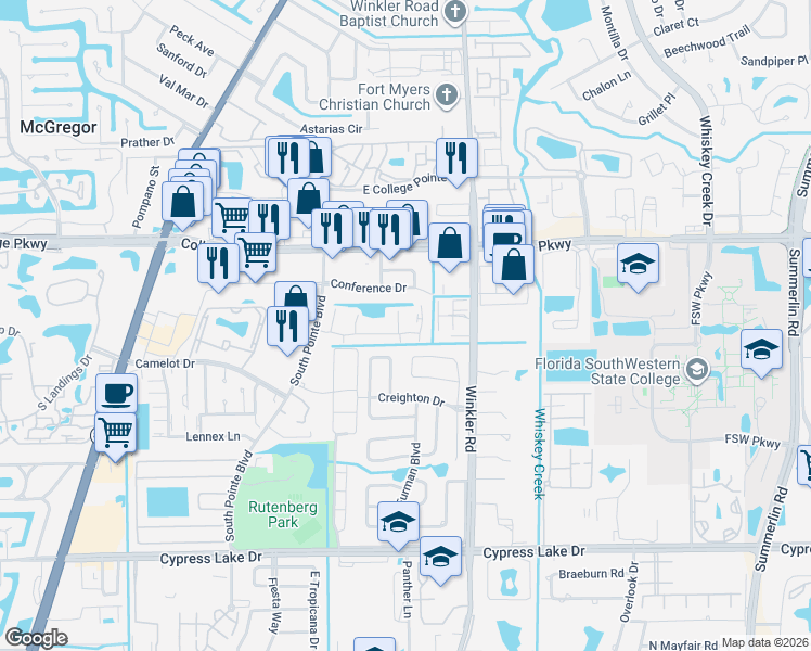 map of restaurants, bars, coffee shops, grocery stores, and more near 12920 Meadowood Court in Fort Myers