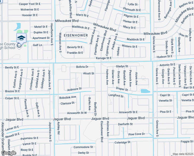 map of restaurants, bars, coffee shops, grocery stores, and more near 721 Bedford Drive in Lehigh Acres