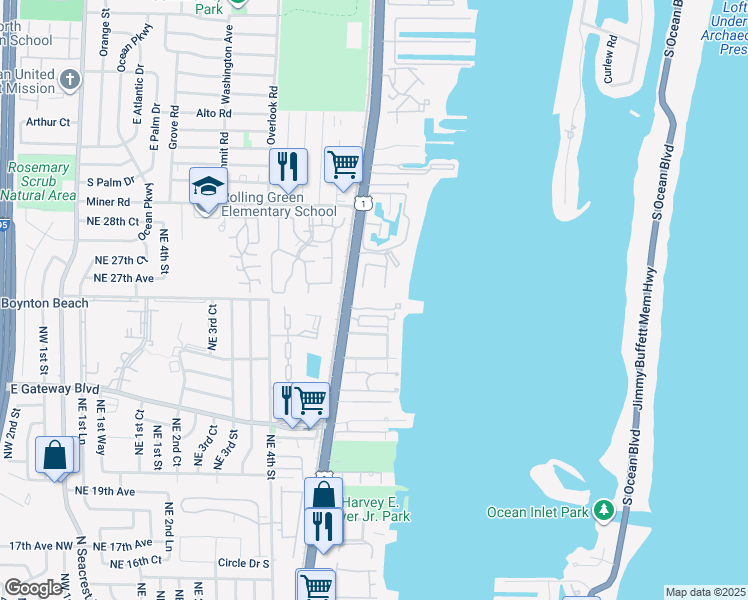 map of restaurants, bars, coffee shops, grocery stores, and more near 30 South Lakeshore Drive in Hypoluxo