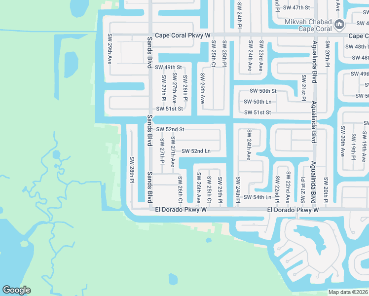 map of restaurants, bars, coffee shops, grocery stores, and more near 2619 Southwest 52nd Terrace in Cape Coral