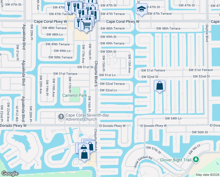 map of restaurants, bars, coffee shops, grocery stores, and more near 1514 Southwest 52nd Terrace in Cape Coral