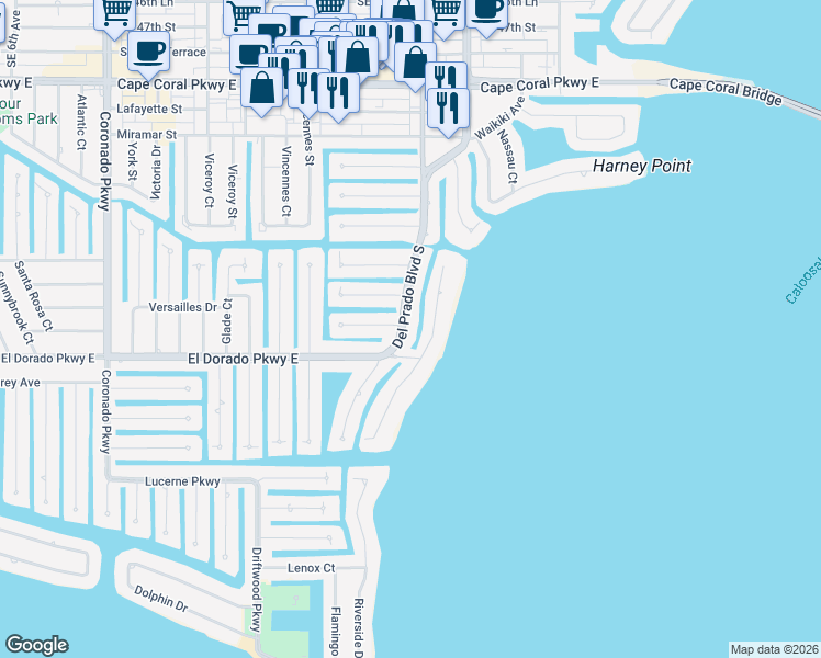 map of restaurants, bars, coffee shops, grocery stores, and more near 1447 Windsor Court in Cape Coral