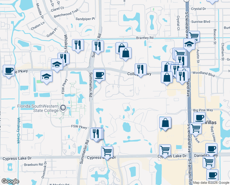 map of restaurants, bars, coffee shops, grocery stores, and more near 3329 New South Province Boulevard in Fort Myers