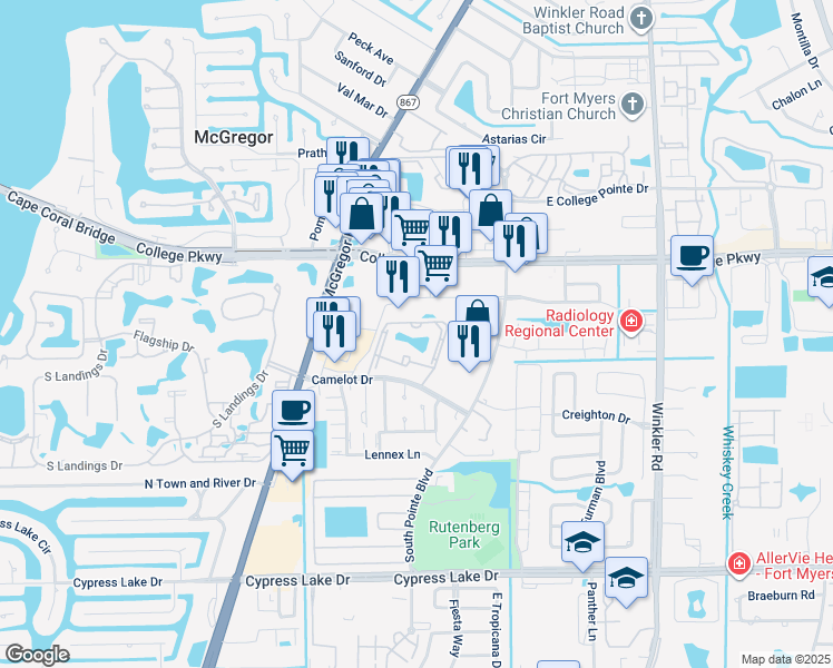 map of restaurants, bars, coffee shops, grocery stores, and more near 9131 College Parkway in Fort Myers
