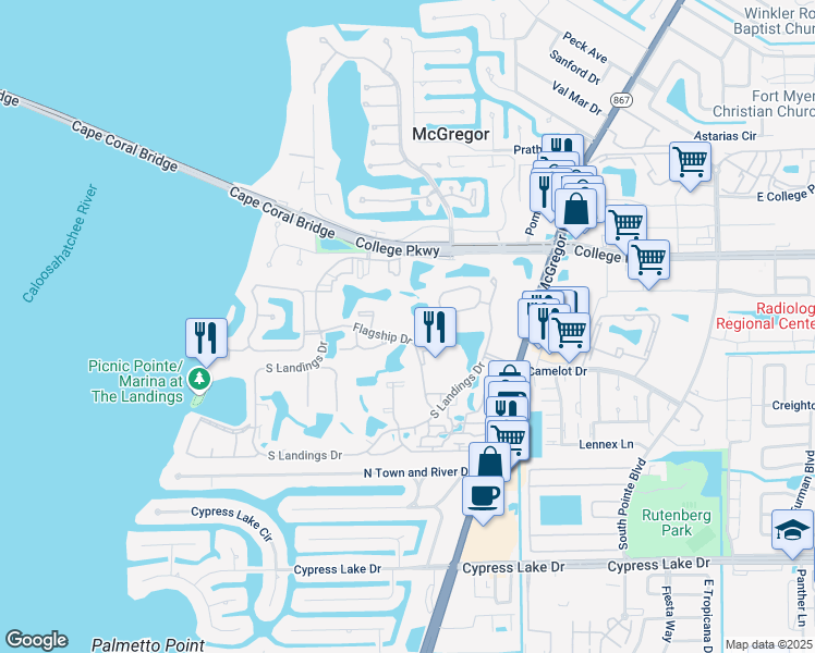 map of restaurants, bars, coffee shops, grocery stores, and more near 4608 Flagship Drive in Fort Myers