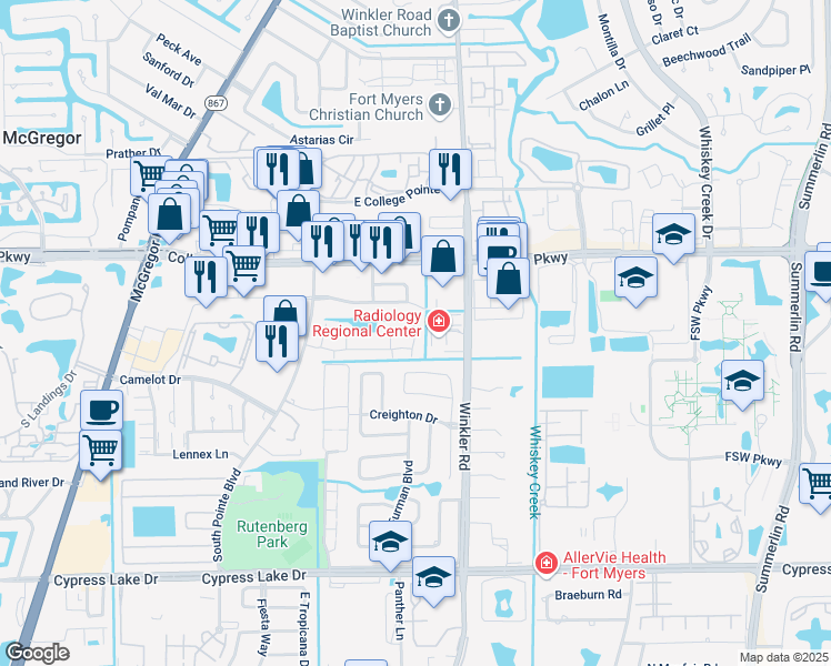 map of restaurants, bars, coffee shops, grocery stores, and more near 12936 Sandpoint Court in Fort Myers