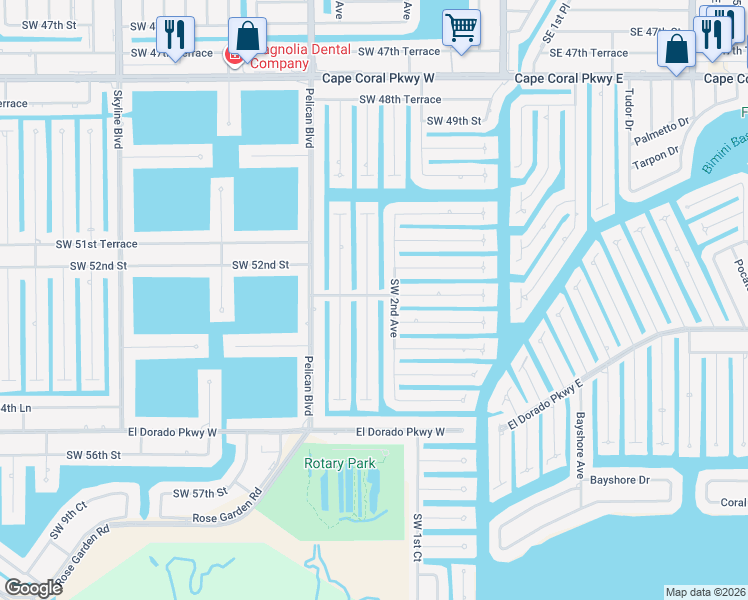 map of restaurants, bars, coffee shops, grocery stores, and more near 5219 Southwest 2nd Place in Cape Coral
