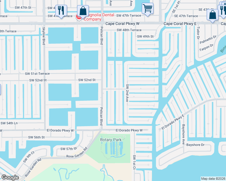 map of restaurants, bars, coffee shops, grocery stores, and more near 5219 Southwest 3rd Avenue in Cape Coral