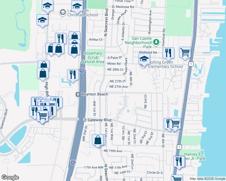 map of restaurants, bars, coffee shops, grocery stores, and more near 151 Northeast 26th Avenue in Boynton Beach