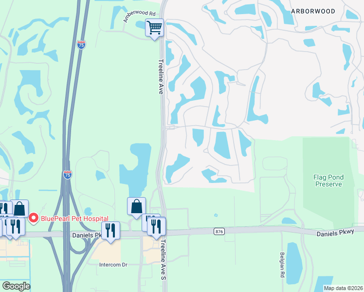 map of restaurants, bars, coffee shops, grocery stores, and more near I E Street in Fort Myers