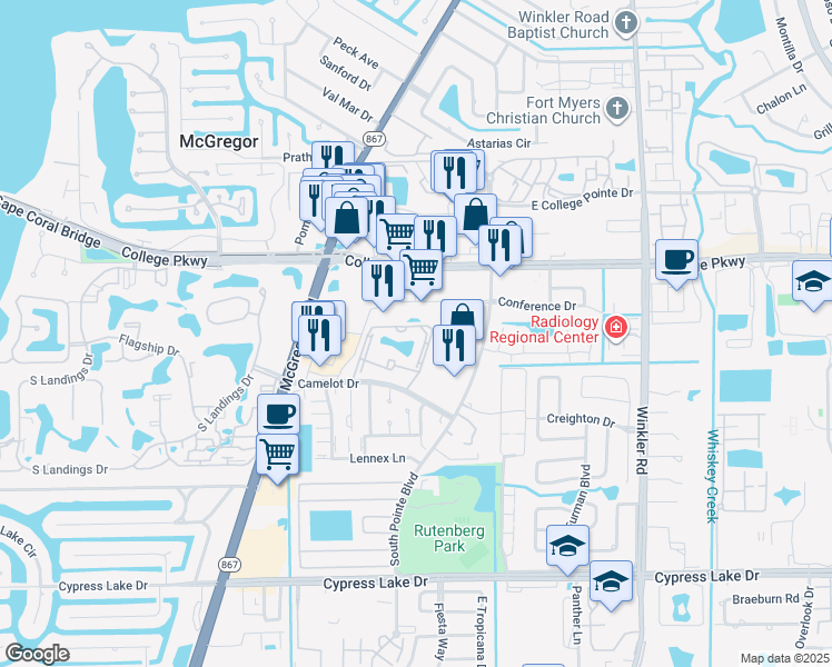 map of restaurants, bars, coffee shops, grocery stores, and more near 9131 College Parkway in Fort Myers