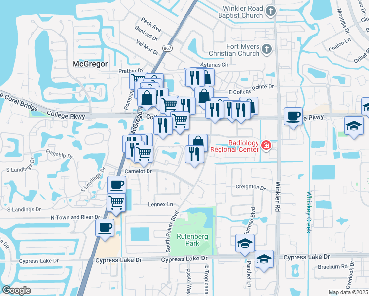 map of restaurants, bars, coffee shops, grocery stores, and more near 9261 Central Park Drive Southwest in Fort Myers