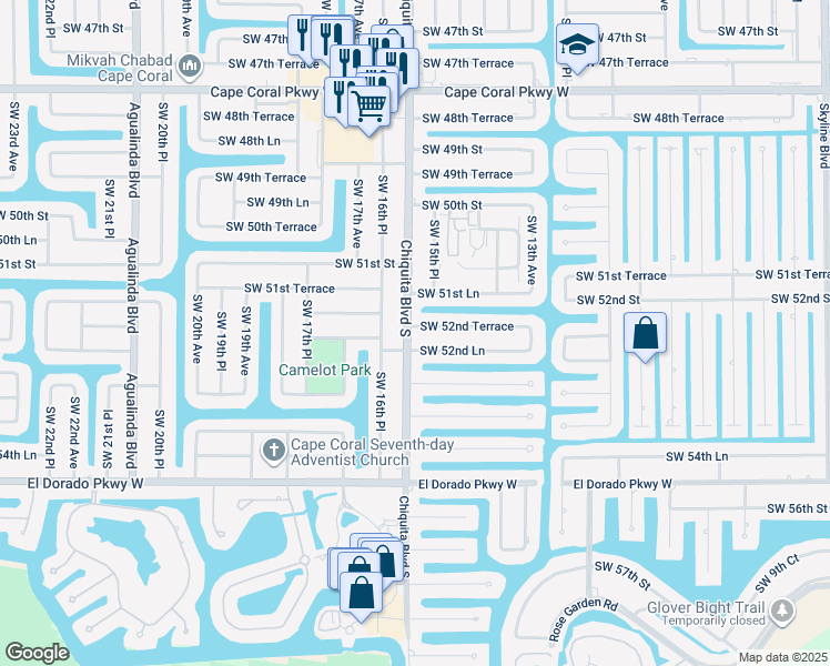 map of restaurants, bars, coffee shops, grocery stores, and more near 1538 Southwest 52nd Terrace in Cape Coral
