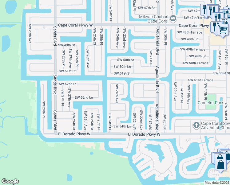 map of restaurants, bars, coffee shops, grocery stores, and more near 5222 Southwest 24th Avenue in Cape Coral