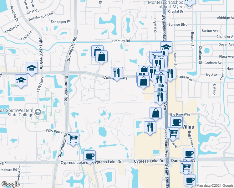 map of restaurants, bars, coffee shops, grocery stores, and more near 7401 College Parkway in Fort Myers