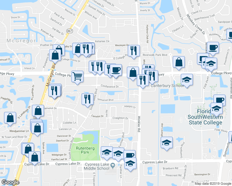 map of restaurants, bars, coffee shops, grocery stores, and more near 12920 Meadowood Court in Fort Myers