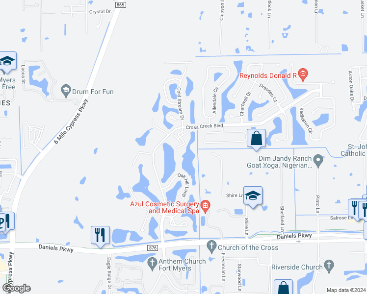 map of restaurants, bars, coffee shops, grocery stores, and more near 13011 Cross Creek Boulevard in Fort Myers