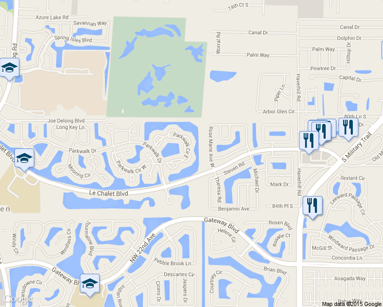 map of restaurants, bars, coffee shops, grocery stores, and more near 5662 Parkwalk Circle East in Boynton Beach
