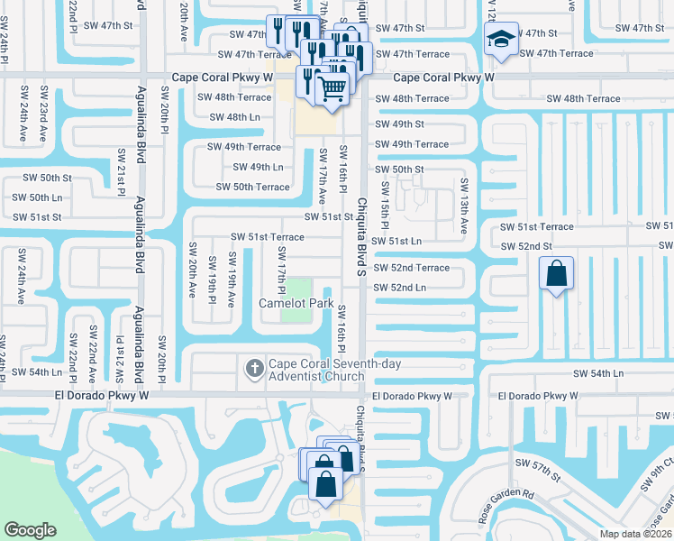 map of restaurants, bars, coffee shops, grocery stores, and more near 1617 Southwest 52nd Terrace in Cape Coral