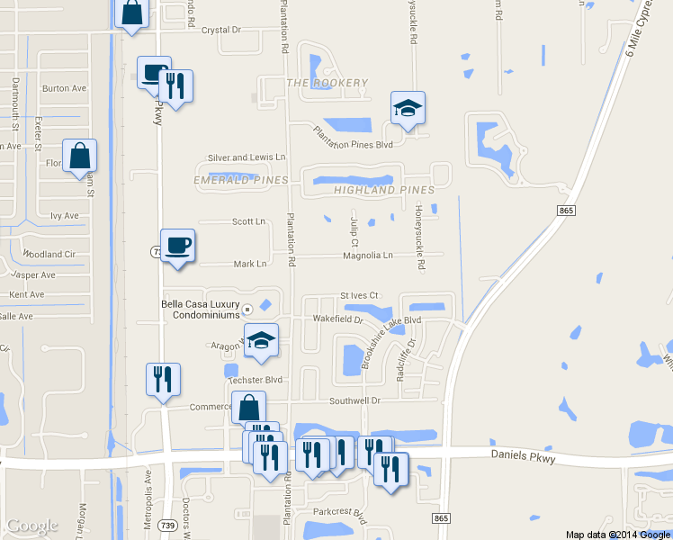 map of restaurants, bars, coffee shops, grocery stores, and more near 6648 Magnolia Lane in Fort Myers